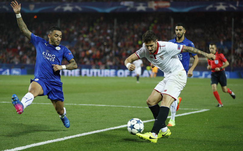 Sevilla's Stevan Jovetic in action with Leicester City's Danny Simpson