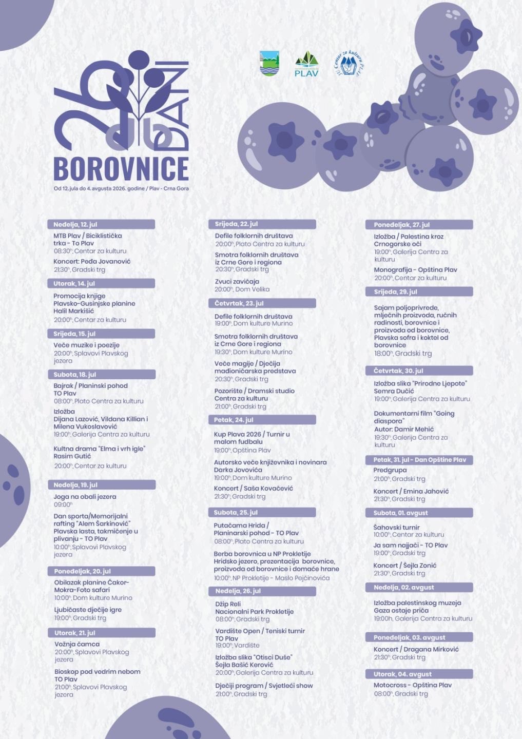 Program manifestacije „Dani borovnice 2026“, koja će u Plavu biti održana od 12. jula do 4. avgusta. (2)
